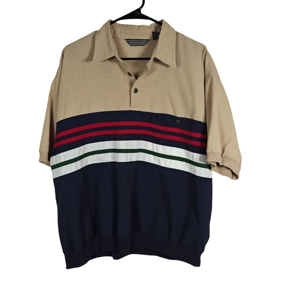 Vintage David Taylor Men's Large Polo Shirt Beige & Navy Striped Short Sleeve